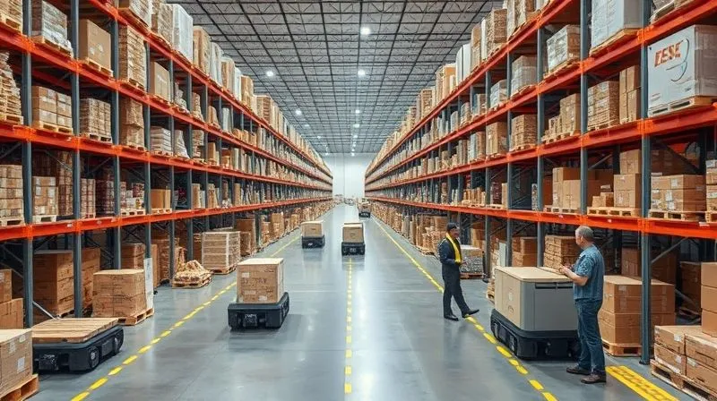 A photorealistic, high-angle view of a modern, organized warehouse floor. Automated guided vehicles (AGVs) are moving pallets efficiently along clearly marked paths. Racks are neatly arranged, and workers are using handheld scanners. Bright, even lighting. Cinematic, professional photography.