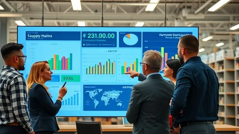 A photorealistic image of a diverse team of supply chain and operations professionals collaborating around a large digital dashboard displaying inventory metrics and KPIs. They are actively discussing and pointing at data, showing teamwork and focus. Modern office setting, cinematic lighting.
