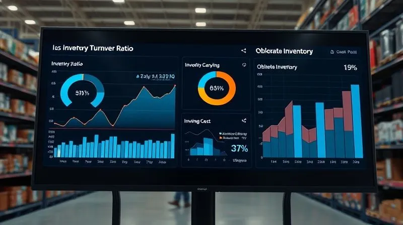 A photorealistic, professional dashboard on a large monitor, displaying key inventory management KPIs: Inventory Turnover Ratio, Days Inventory Outstanding, Inventory Carrying Cost %, and Obsolete Inventory %. The charts show a clear downward trend for costs and upward trend for efficiency. Cinematic lighting, sharp focus on the data.