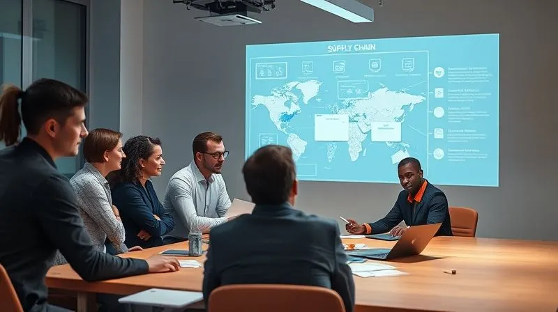 A photorealistic, professional photography, 8K, cinematic lighting, sharp focus, depth of field, shot on a high-end DSLR, depicting a diverse group of business professionals from different companies (representing a client and their suppliers) collaboratively working around a large table, looking at a digital projection of a supply chain map, with a sense of shared purpose and strategic planning, symbolizing strong supplier relationships and joint problem-solving.