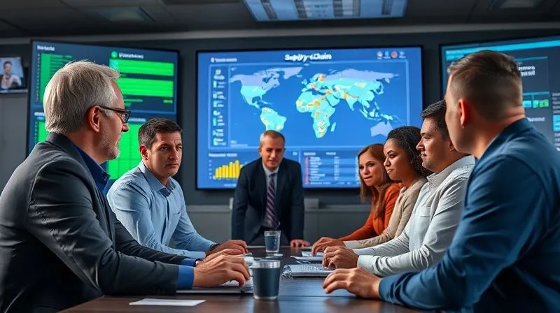 A photorealistic, professional photography, 8K, cinematic lighting, sharp focus, depth of field, shot on a high-end DSLR, showing a diverse crisis management team intensely focused around a large screen displaying real-time data and a supply chain map, with determined expressions, working collaboratively in a modern command center, symbolizing efficient and coordinated crisis response.