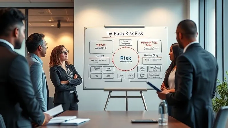 A photorealistic, professional photography, 8K, cinematic lighting, sharp focus, depth of field, shot on a high-end DSLR, depicting a confident and empathetic business leader standing in front of a diverse team in a modern office, using a whiteboard to illustrate a strategic risk management framework, with team members actively engaged and taking notes, symbolizing a culture of proactive risk management and leadership.