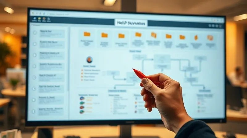 A photorealistic image of a detailed workflow diagram spread across a large monitor, with various arrows and nodes indicating different stages of a help desk ticket process, a hand holding a red marker pointing to a bottleneck, warm office lighting, sharp focus on the diagram, depth of field blurring the background, 8K hyper-detailed, professional photography, shot on a high-end DSLR. A photorealistic image of a detailed workflow diagram spread across a large monitor, with various arrows and nodes indicating different stages of a help desk ticket process, a hand holding a red marker pointing to a bottleneck, warm office lighting, sharp focus on the diagram, depth of field blurring the background, 8K hyper-detailed, professional photography, shot on a high-end DSLR.