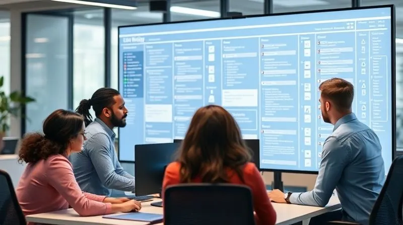 A photorealistic image of a diverse team of help desk agents collaborating around a large, interactive digital whiteboard displaying a complex ticket workflow, seamless digital tools connecting their screens, a sense of shared focus and efficiency, cinematic lighting, sharp focus on the team and screen, depth of field blurring the modern office background, 8K hyper-detailed, professional photography, shot on a high-end DSLR. A photorealistic image of a diverse team of help desk agents collaborating around a large, interactive digital whiteboard displaying a complex ticket workflow, seamless digital tools connecting their screens, a sense of shared focus and efficiency, cinematic lighting, sharp focus on the team and screen, depth of field blurring the modern office background, 8K hyper-detailed, professional photography, shot on a high-end DSLR.