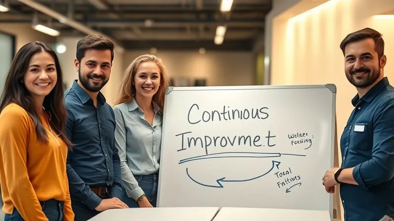 A photorealistic image of a diverse help desk team members, smiling and engaged, standing around a whiteboard with 'Continuous Improvement Cycle' drawn on it, a sense of positive energy and collaboration, modern office environment, cinematic lighting, sharp focus on the team, depth of field blurring the background, 8K hyper-detailed, professional photography, shot on a high-end DSLR. A photorealistic image of a diverse help desk team members, smiling and engaged, standing around a whiteboard with 'Continuous Improvement Cycle' drawn on it, a sense of positive energy and collaboration, modern office environment, cinematic lighting, sharp focus on the team, depth of field blurring the background, 8K hyper-detailed, professional photography, shot on a high-end DSLR.