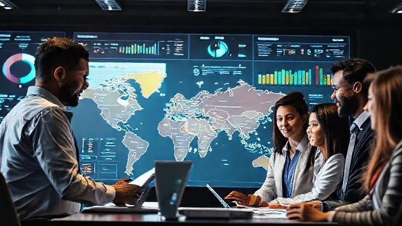 A photorealistic image of a diverse group of professionals from different cultural backgrounds collaboratively working on a global strategy map, surrounded by digital dashboards showing key performance indicators. The scene is well-lit, professional, and suggests strategic planning and efficiency. 8K hyper-detailed, shot on a high-end DSLR. A photorealistic image of a diverse group of professionals from different cultural backgrounds collaboratively working on a global strategy map, surrounded by digital dashboards showing key performance indicators. The scene is well-lit, professional, and suggests strategic planning and efficiency. 8K hyper-detailed, shot on a high-end DSLR.