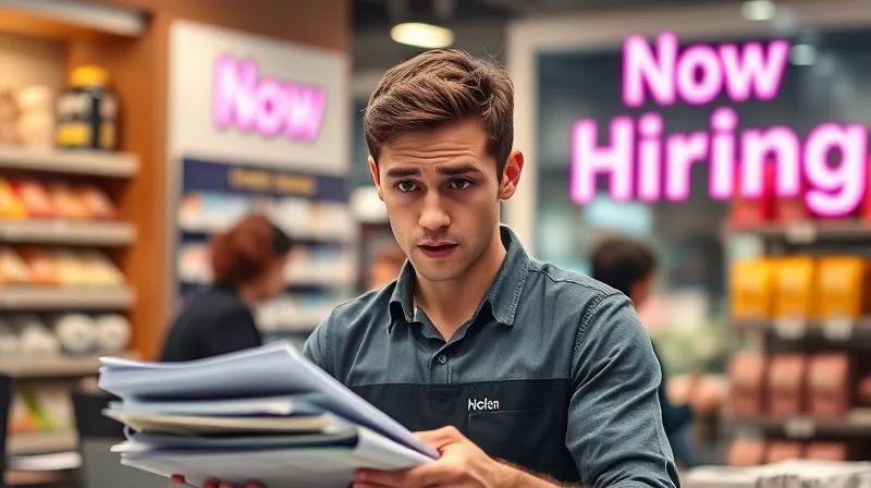 photorealistic, professional photography, 8K, cinematic lighting, sharp focus, depth of field, shot on a high-end DSLR, a frustrated young employee looking overwhelmed by a stack of paperwork and a demanding customer in a branded store setting, with a blurred 'Now Hiring' sign in the background, conveying the stress of high turnover.