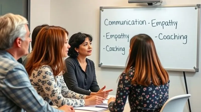 photorealistic, professional photography, 8K, cinematic lighting, sharp focus, depth of field, shot on a high-end DSLR, a diverse group of franchise managers actively participating in a leadership training workshop, engaged in a group discussion, with a whiteboard in the background displaying 'Communication, Empathy, Coaching' as key topics, representing professional development and empowerment.