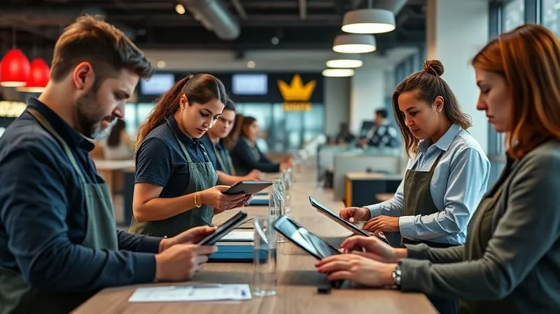 photorealistic, professional photography, 8K, cinematic lighting, sharp focus, depth of field, shot on a high-end DSLR, a diverse team of franchise employees efficiently using various digital tools on tablets and screens in a modern, branded workspace, showing seamless integration of technology in daily operations, with a sense of calm and productivity.