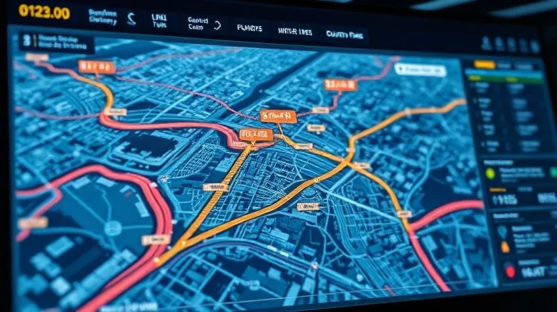 A photorealistic image of a sophisticated logistics dashboard displaying a map of a dense urban area with multiple optimized delivery routes highlighted in different colors, overlaid with real-time traffic data, all on a sleek, futuristic display. Professional photography, 8K, cinematic lighting, sharp focus, depth of field.