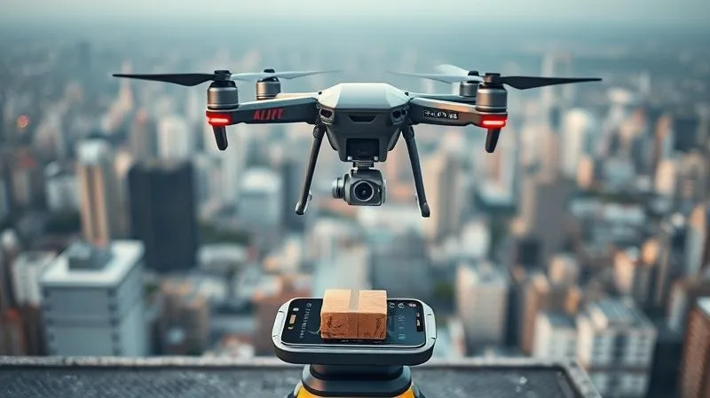A photorealistic image showing a delivery drone hovering over a city rooftop, delivering a small package to a designated landing pad, with a smart device displaying delivery status in the foreground. The scene is futuristic but grounded in reality. Professional photography, 8K, cinematic lighting, sharp focus, depth of field.