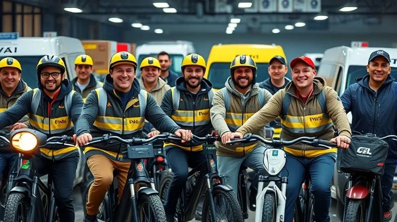 A photorealistic image of a diverse group of urban delivery drivers, some on electric bikes, some with small vans, all gathered in a communal urban logistics hub, smiling and interacting, symbolizing collaborative delivery networks. Professional photography, 8K, cinematic lighting, sharp focus, depth of field.