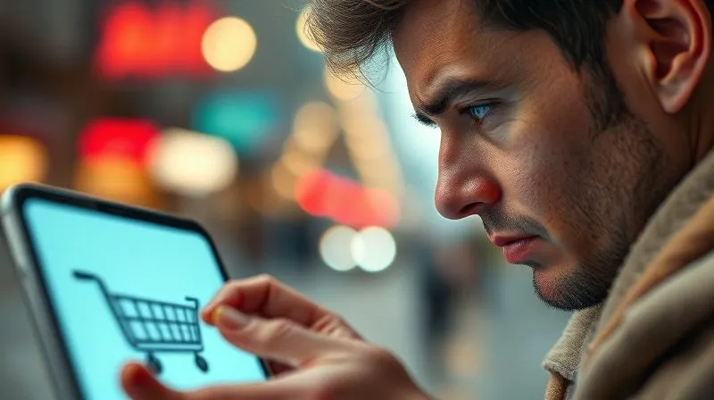 A photorealistic close-up of a frustrated person staring at a frozen shopping cart on a smartphone screen, with a blurred, busy street background, conveying impatience and a lost sale. Cinematic lighting, sharp focus on the phone and face, depth of field, 8K hyper-detailed, professional photography.
