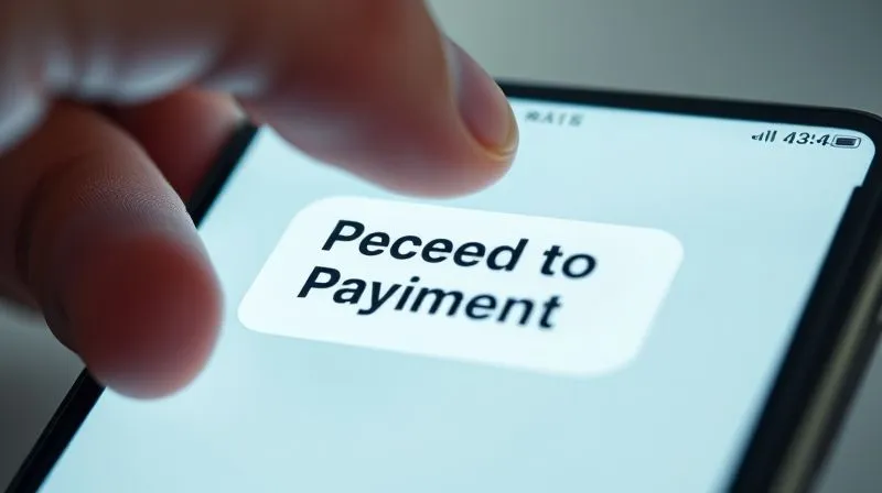 A photorealistic close-up of a hand tapping a large, clearly visible 'Proceed to Payment' button on a smartphone screen, with a clean, minimalist e-commerce checkout interface in the background, conveying ease of use and progress. Cinematic lighting, sharp focus on the hand and button, depth of field, 8K hyper-detailed, professional photography.