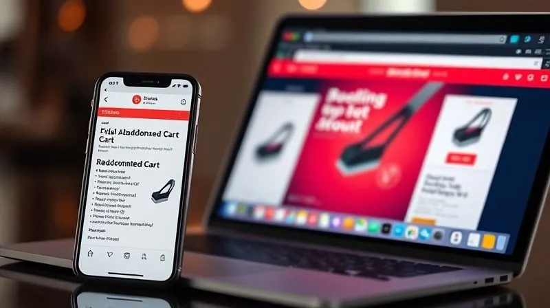 A photorealistic image of a smartphone displaying an abandoned cart email reminder with a personalized product image, next to a laptop showing a retargeting ad for the same product. Cinematic lighting, sharp focus on both screens, depth of field, 8K hyper-detailed, professional photography.