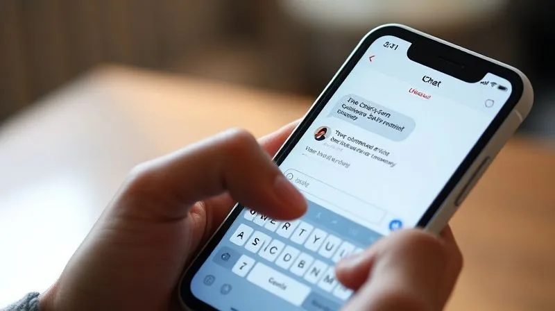 A photorealistic image of a smartphone displaying a live chat interface on an e-commerce checkout page, with a customer service agent icon. A hand is about to type a message. Cinematic lighting, sharp focus on the phone screen, depth of field, 8K hyper-detailed, professional photography.
