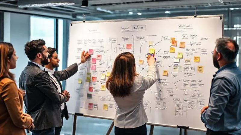 photorealistic, professional photography, 8K, cinematic lighting, sharp focus, depth of field, shot on a high-end DSLR, a diverse team of professionals collaboratively mapping a complex business process on a large interactive whiteboard, using sticky notes and markers. The whiteboard shows a detailed flowchart with arrows and decision points. The team members are engaged, pointing and discussing, with a sense of shared problem-solving and clarity. The office environment is modern and well-lit. photorealistic, professional photography, 8K, cinematic lighting, sharp focus, depth of field, shot on a high-end DSLR, a diverse team of professionals collaboratively mapping a complex business process on a large interactive whiteboard, using sticky notes and markers. The whiteboard shows a detailed flowchart with arrows and decision points. The team members are engaged, pointing and discussing, with a sense of shared problem-solving and clarity. The office environment is modern and well-lit.