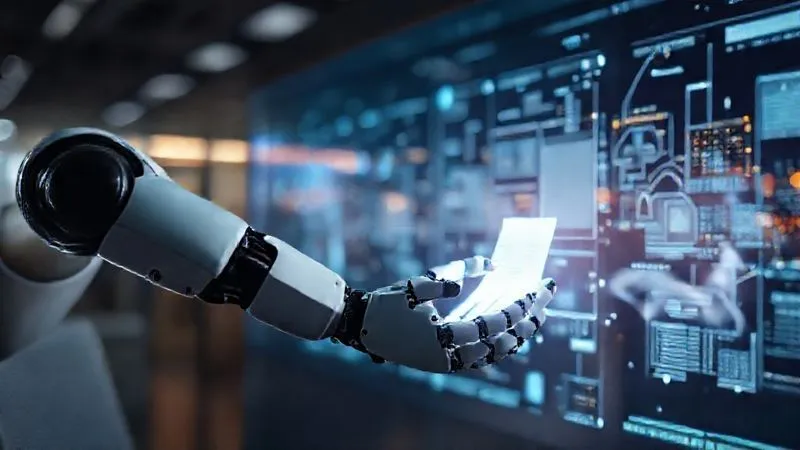 photorealistic, professional photography, 8K, cinematic lighting, sharp focus, depth of field, shot on a high-end DSLR, a sleek, futuristic robotic arm precisely performing a repetitive office task, such as sorting digital documents on a glowing interface. The background shows a seamlessly integrated digital ecosystem with data flowing smoothly between various applications, symbolizing workflow automation and technological efficiency. The scene evokes a sense of advanced, streamlined operations. photorealistic, professional photography, 8K, cinematic lighting, sharp focus, depth of field, shot on a high-end DSLR, a sleek, futuristic robotic arm precisely performing a repetitive office task, such as sorting digital documents on a glowing interface. The background shows a seamlessly integrated digital ecosystem with data flowing smoothly between various applications, symbolizing workflow automation and technological efficiency. The scene evokes a sense of advanced, streamlined operations.