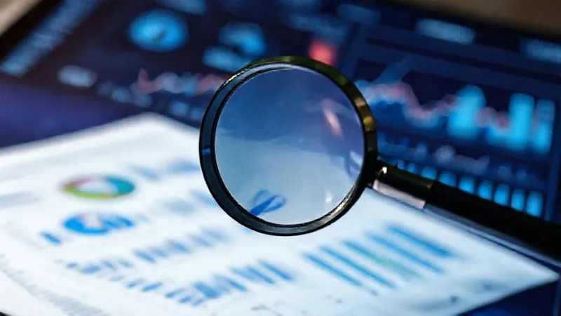 A photorealistic image of a magnifying glass hovering over a complex financial report displayed on a screen, with data analytics charts and graphs in the background. The scene is clean and professional, symbolizing meticulous review and continuous monitoring, cinematic lighting, sharp focus on the magnifying glass and report details, depth of field blurring the background, 8K, professional photography.