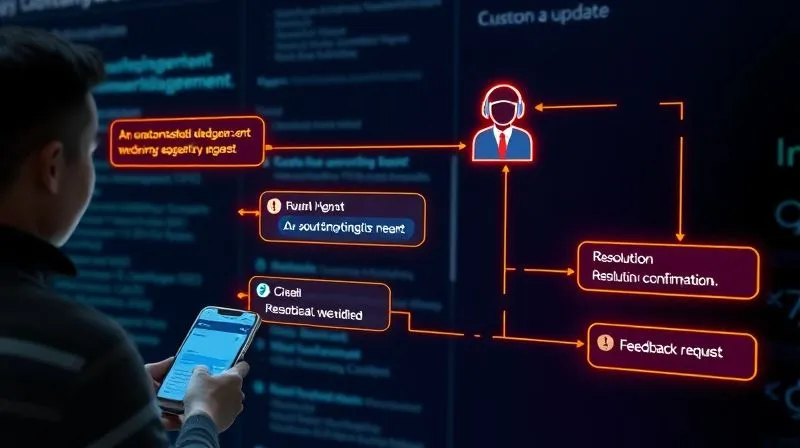 A photorealistic infographic illustrating a seamless customer communication flow: a customer sends a query, an automated acknowledgment appears, followed by a human agent providing an update, then a resolution confirmation, and finally a feedback request. The flow should be depicted with glowing lines connecting distinct stages, all against a clean, modern digital interface background, cinematic lighting, sharp focus, 8K, shot on a high-end DSLR.