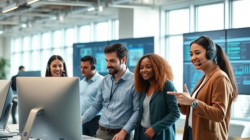 A photorealistic image of a diverse customer support team in a modern, brightly lit office, collaborating and confidently assisting customers. One agent is smiling while on a headset, another is guiding a colleague through a complex system on a large screen, and a third is making a decisive gesture. The overall mood is one of competence, teamwork, and positive energy, cinematic lighting, sharp focus on the team, 8K, shot on a high-end DSLR.