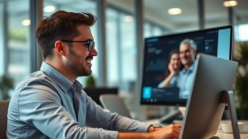 A photorealistic image of a professional Customer Success Manager (CSM) engaging in a friendly yet focused video call with a client. The CSM is in a modern office, looking attentive and empathetic, with a data dashboard subtly visible on their screen. The client on the video call appears satisfied and engaged. The scene conveys proactive partnership and trust, cinematic lighting, sharp focus on the CSM, 8K, shot on a high-end DSLR.