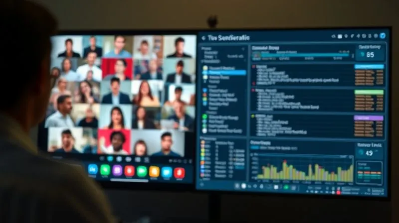 A photorealistic image showing a split screen: one side depicts a chaotic video call with many participants talking over each other, while the other side shows a calm, organized digital dashboard with clear, concise text updates and progress bars, symbolizing effective asynchronous communication versus chaotic synchronous meetings. Professional photography, 8K, cinematic lighting, sharp focus on the organized dashboard, depth of field blurring the chaotic call, shot on a high-end DSLR.