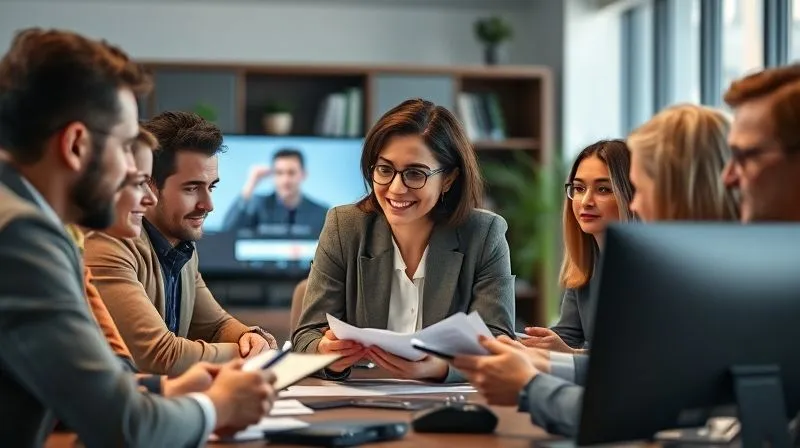 A photorealistic image of a diverse group of remote managers engaged in an online training session, with focused expressions, some taking notes, and a supportive, collaborative atmosphere visible through their screens. The central figure is a confident, empathetic leader facilitating the session. Professional photography, 8K, cinematic lighting, sharp focus on the main facilitator and engaged participants, depth of field blurring background office elements, shot on a high-end DSLR.