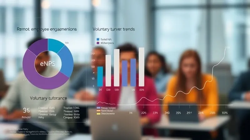 A photorealistic infographic showing various data points related to remote employee engagement metrics: a pie chart for eNPS, a bar graph for voluntary turnover trends, and a line graph illustrating engagement survey scores over time. The design is clean, professional, and easy to interpret, with subtle digital elements connecting the data points. Professional photography, 8K, cinematic lighting, sharp focus on the data visualization, depth of field blurring a background of diverse remote workers, shot on a high-end DSLR.