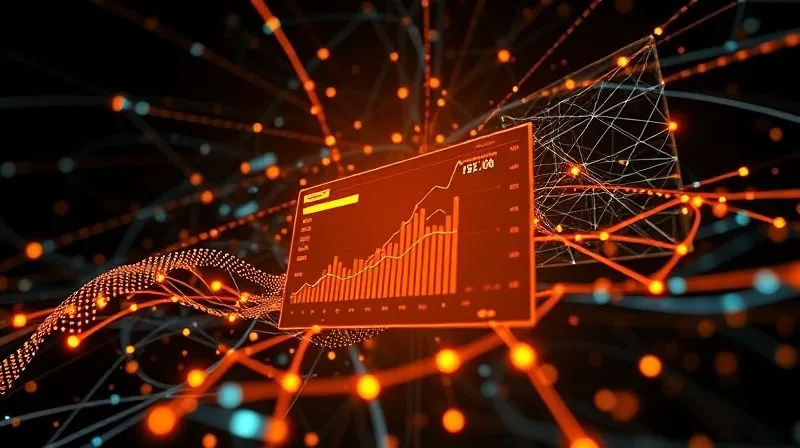 A photorealistic 3D infographic showing a complex web of data points and lines converging into a central, glowing dashboard displaying carbon emissions metrics, with a focus on granular detail and a sense of clarity amidst complexity, cinematic lighting, sharp focus on the dashboard, depth of field, 8K hyper-detailed.