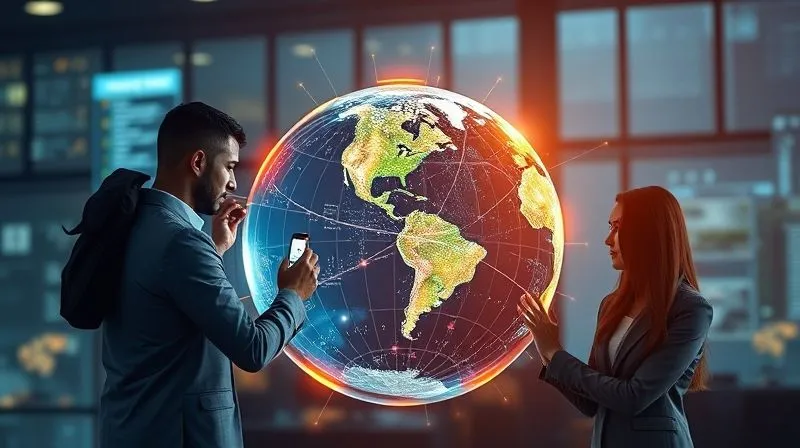 A photorealistic image of diverse business people from different parts of the world collaborating around a large, illuminated digital globe, with data streams flowing between them, symbolizing global supply chain partnership and shared environmental goals, cinematic lighting, sharp focus on the people and globe, depth of field, 8K hyper-detailed.