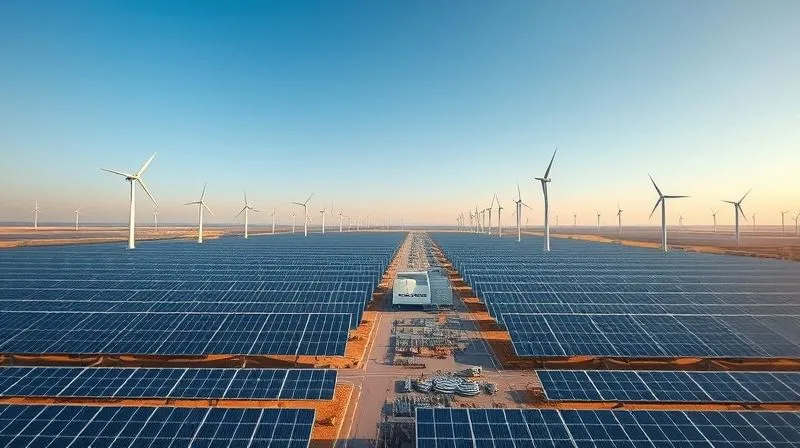 A photorealistic image of a vast array of solar panels and wind turbines stretching into the horizon, with a modern, sustainable factory in the mid-ground, all under a clear blue sky with soft, cinematic lighting, symbolizing a fully renewable energy-powered industrial landscape, sharp focus on the renewable infrastructure, depth of field, 8K hyper-detailed.
