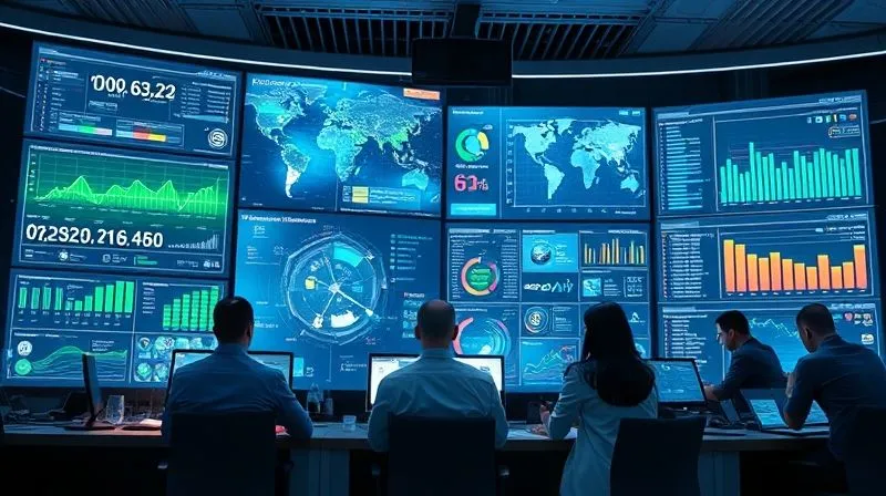 A photorealistic image depicting a futuristic control room with multiple holographic screens displaying real-time supply chain data, carbon emission dashboards, and AI-driven analytics, with a diverse team of professionals collaboratively monitoring and optimizing operations, cinematic lighting, sharp focus on the screens and team, depth of field, 8K hyper-detailed.
