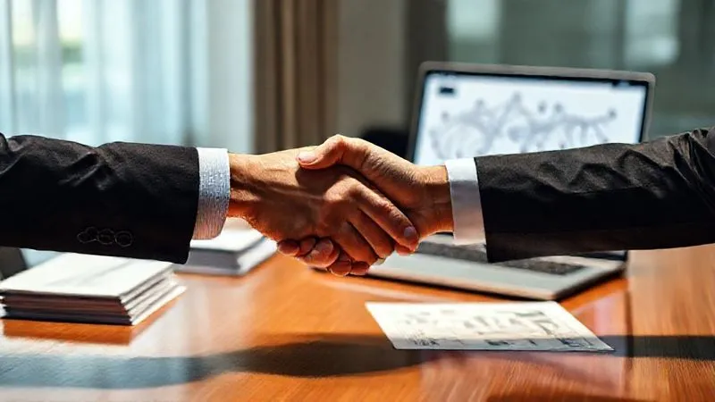 A photorealistic image of two hands shaking firmly across a conference table, with a stack of financial documents and a laptop displaying a supplier network graph in the background. The scene has cinematic lighting, sharp focus on the handshake, depth of field blurring the background, 8K hyper-detailed, shot on a high-end DSLR, conveying successful strategic negotiation and diversified sourcing. A photorealistic image of two hands shaking firmly across a conference table, with a stack of financial documents and a laptop displaying a supplier network graph in the background. The scene has cinematic lighting, sharp focus on the handshake, depth of field blurring the background, 8K hyper-detailed, shot on a high-end DSLR, conveying successful strategic negotiation and diversified sourcing.