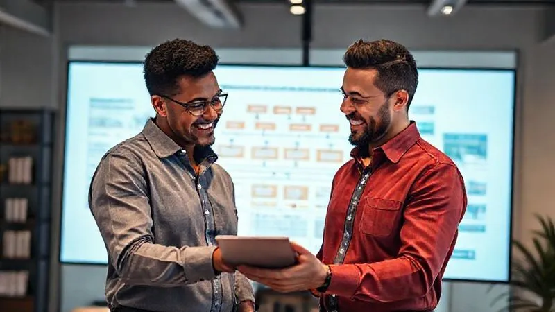 A photorealistic image of two diverse business professionals reviewing a detailed supply chain flow chart on a large digital screen, both smiling and actively discussing, with a sense of collaborative problem-solving. The office setting features cinematic lighting, sharp focus on the screen and faces, depth of field blurring the background, 8K hyper-detailed, shot on a high-end DSLR, conveying strong, trusting supplier partnerships. A photorealistic image of two diverse business professionals reviewing a detailed supply chain flow chart on a large digital screen, both smiling and actively discussing, with a sense of collaborative problem-solving. The office setting features cinematic lighting, sharp focus on the screen and faces, depth of field blurring the background, 8K hyper-detailed, shot on a high-end DSLR, conveying strong, trusting supplier partnerships.