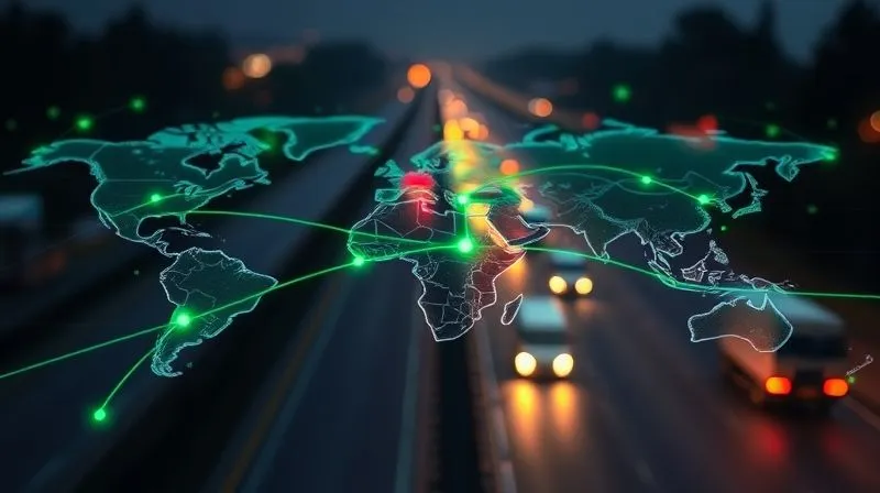 A photorealistic, professional photography, 8K, cinematic lighting, sharp focus, depth of field, shot on a high-end DSLR. An abstract, glowing digital map showing optimized delivery routes with multiple stops, green lines indicating efficient paths, overlaid with data points and a subtle blurred background of trucks on a highway, symbolizing smart logistics.