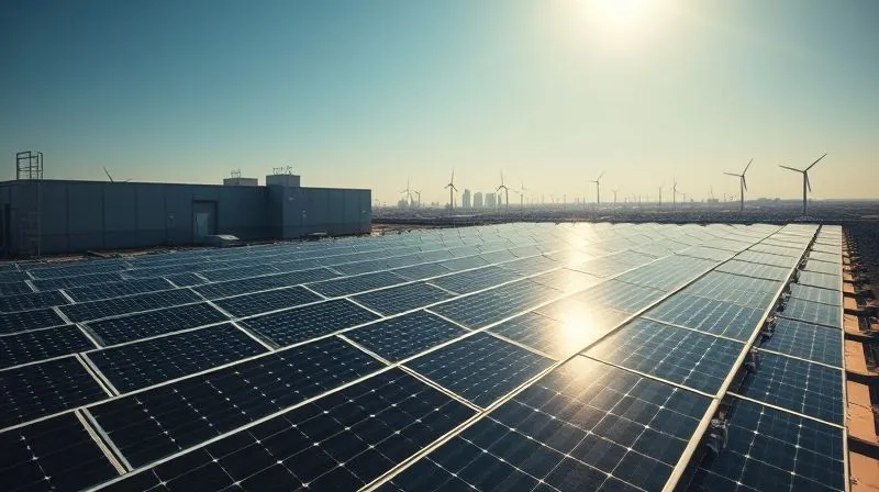 A photorealistic, professional photography, 8K, cinematic lighting, sharp focus, depth of field, shot on a high-end DSLR. A modern factory rooftop covered with numerous solar panels, with a clear blue sky and distant wind turbines on the horizon. The sun is casting a warm, clean light, symbolizing sustainable energy generation. A subtle green glow emanates from the panels, representing clean energy.