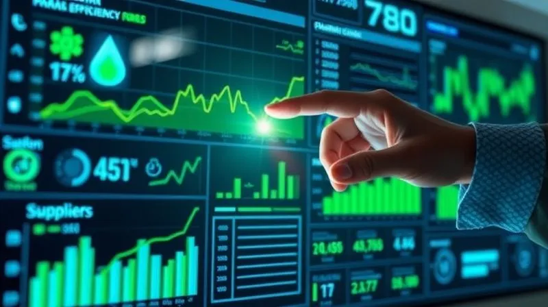 A photorealistic, professional photography, 8K, cinematic lighting, sharp focus, depth of field, shot on a high-end DSLR. A sleek, modern digital dashboard displaying real-time supply chain data: graphs of carbon emissions, logistics efficiency metrics, and supplier performance. The screen glows with green and blue data points, with a subtle human hand interacting with a holographic interface, symbolizing data-driven decision making.