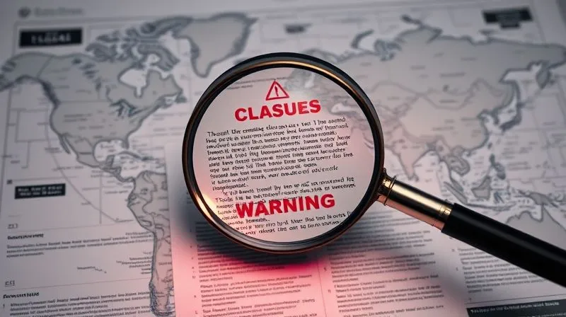 A photorealistic image of a magnifying glass hovering over complex, intertwined legal documents and a global map, with specific, highlighted clauses and red warning signs, cinematic lighting, sharp focus, 8K hyper-detailed, depth of field.