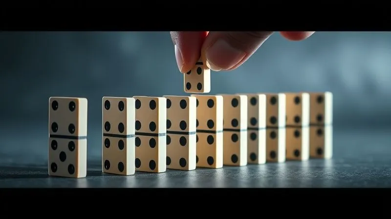 A photorealistic, professional photography, 8K, cinematic lighting, sharp focus, depth of field, shot on a high-end DSLR image of a series of dominoes, starting with a single, small domino falling, then leading to progressively larger dominoes, illustrating a phased rollout and controlled expansion, with a hand carefully adjusting one of the smaller dominoes.