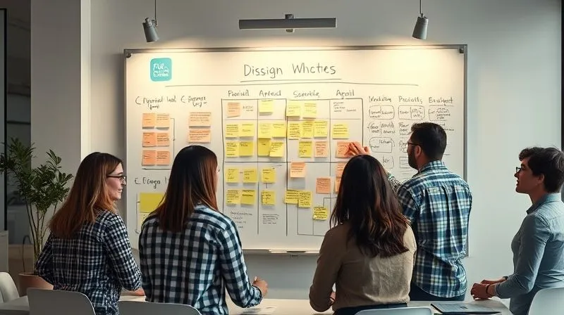 A photorealistic image of a team collaborating around a whiteboard with agile sprint boards, sticky notes, and flowcharts, illustrating a dynamic and iterative project management process in a modern office, cinematic lighting, sharp focus on the whiteboard, 8K hyper-detailed.