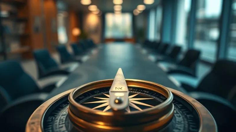 photorealistic, professional photography, 8K, cinematic lighting, sharp focus, depth of field, shot on a high-end DSLR, a vintage brass compass pointing directly forward to a bright, clear, and well-lit path, while the surrounding paths are shadowed, winding, and appear less inviting. The compass needle is perfectly aligned, symbolizing unwavering ethical direction. The background is a blurred, sophisticated office environment.