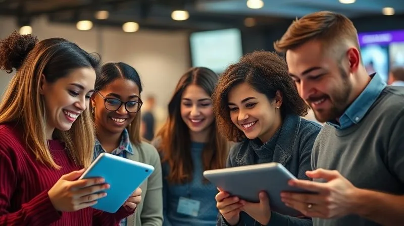 A photorealistic image of a diverse group of customers providing feedback on digital devices, with speech bubbles representing their voices, cinematic lighting, 8K, sharp focus.