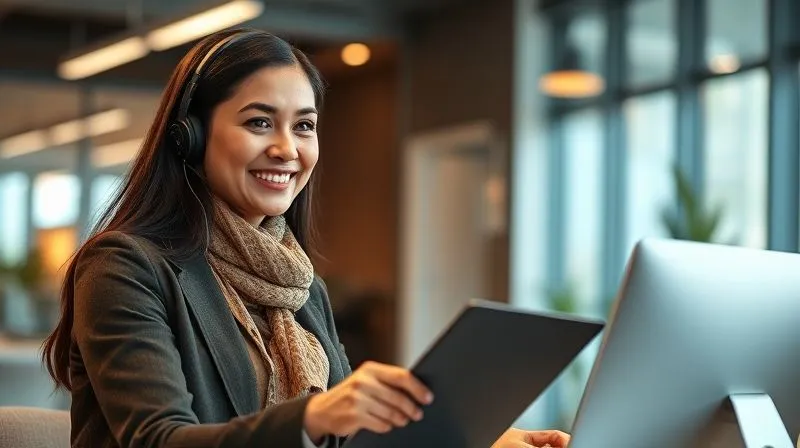 A photorealistic image of a customer service agent confidently assisting a customer, both smiling, in a modern office setting, professional photography, 8K, cinematic lighting, sharp focus.
