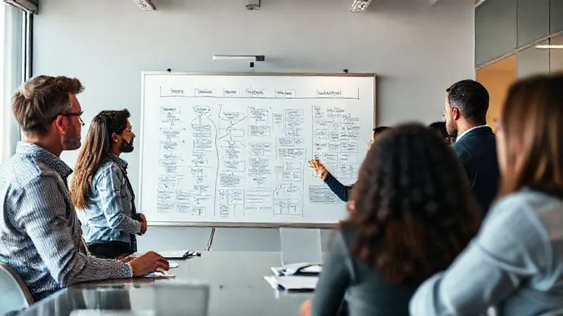 photorealistic, professional photography, 8K, cinematic lighting, sharp focus, depth of field, shot on a high-end DSLR, a diverse team of professionals in a modern meeting room, intensely focused on a whiteboard filled with flowcharts and '5 Whys' diagrams, analyzing a complex problem, with a sense of collaborative determination.