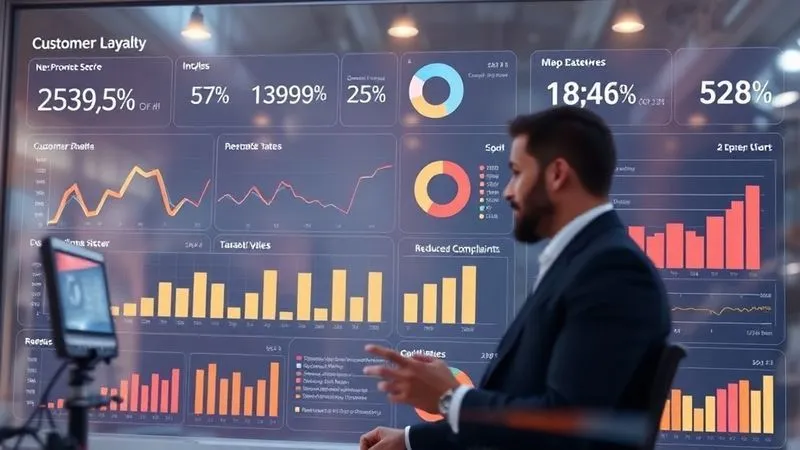 photorealistic, professional photography, 8K, cinematic lighting, sharp focus, depth of field, shot on a high-end DSLR, a detailed dashboard displaying various customer loyalty metrics, including Net Promoter Score (NPS) trending upwards, customer retention rates, and reduced complaint volumes, with a business professional thoughtfully analyzing the data.