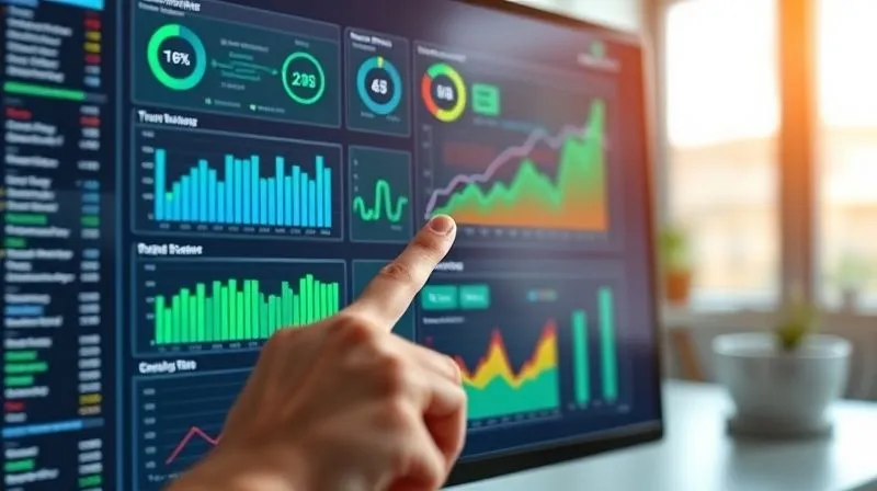 Photorealistic, professional photography, 8K, cinematic lighting, sharp focus, depth of field, shot on a high-end DSLR. A sophisticated data analytics dashboard displaying various charts and graphs related to customer satisfaction metrics, churn rates, and service recovery times. The screen is vibrant with green and blue data points, indicating positive trends, with a hand pointing to a 'Trust Score' metric.