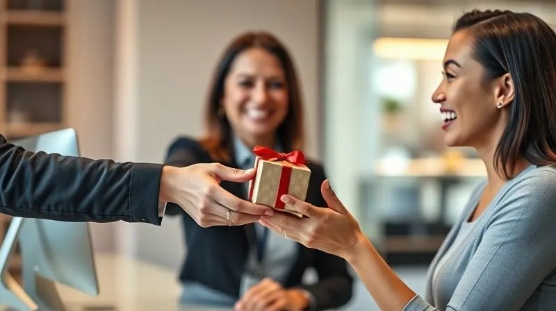 Photorealistic, professional photography, 8K, cinematic lighting, sharp focus, depth of field, shot on a high-end DSLR. A customer service representative extending a small, elegantly wrapped gift box to a smiling customer, who looks pleasantly surprised. The setting is a modern, clean customer service desk, with warm, inviting light. The gesture conveys genuine appreciation and an unexpected delight.