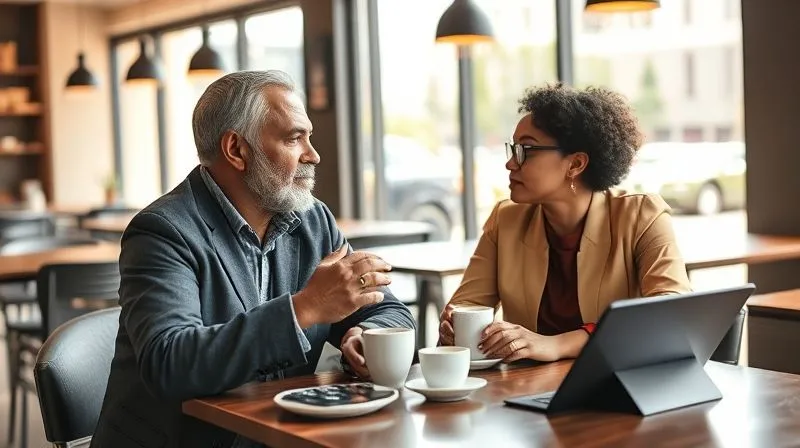 Photorealistic, professional photography, 8K, cinematic lighting, sharp focus, depth of field, shot on a high-end DSLR. Two diverse individuals, a customer and a business representative, engaging in a warm, genuine conversation over coffee in a modern, sunlit cafe. Their body language is open and engaged, conveying trust and a strong, positive relationship. A tablet on the table shows a personalized customer profile, subtly indicating tailored service.