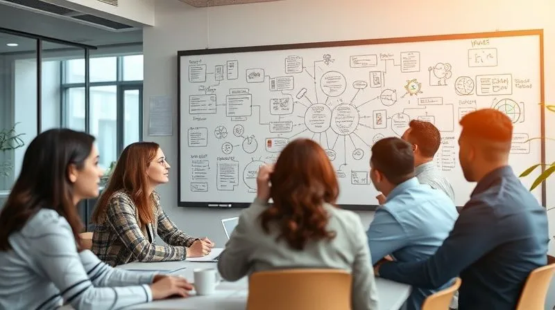 A photorealistic image of a brainstorming session in a modern office, with diverse professionals collaborating around a whiteboard filled with interconnected ideas and diagrams. The atmosphere is energetic and innovative, with cinematic lighting, sharp focus on the whiteboard, depth of field, 8K hyper-detailed, professional photography, symbolizing creative problem-solving and new ideas. A photorealistic image of a brainstorming session in a modern office, with diverse professionals collaborating around a whiteboard filled with interconnected ideas and diagrams. The atmosphere is energetic and innovative, with cinematic lighting, sharp focus on the whiteboard, depth of field, 8K hyper-detailed, professional photography, symbolizing creative problem-solving and new ideas.